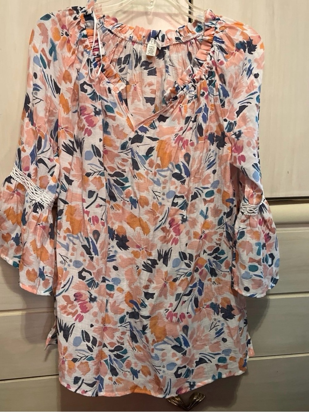 Spense Floral Peasant Top in Pink, Coral & Blue